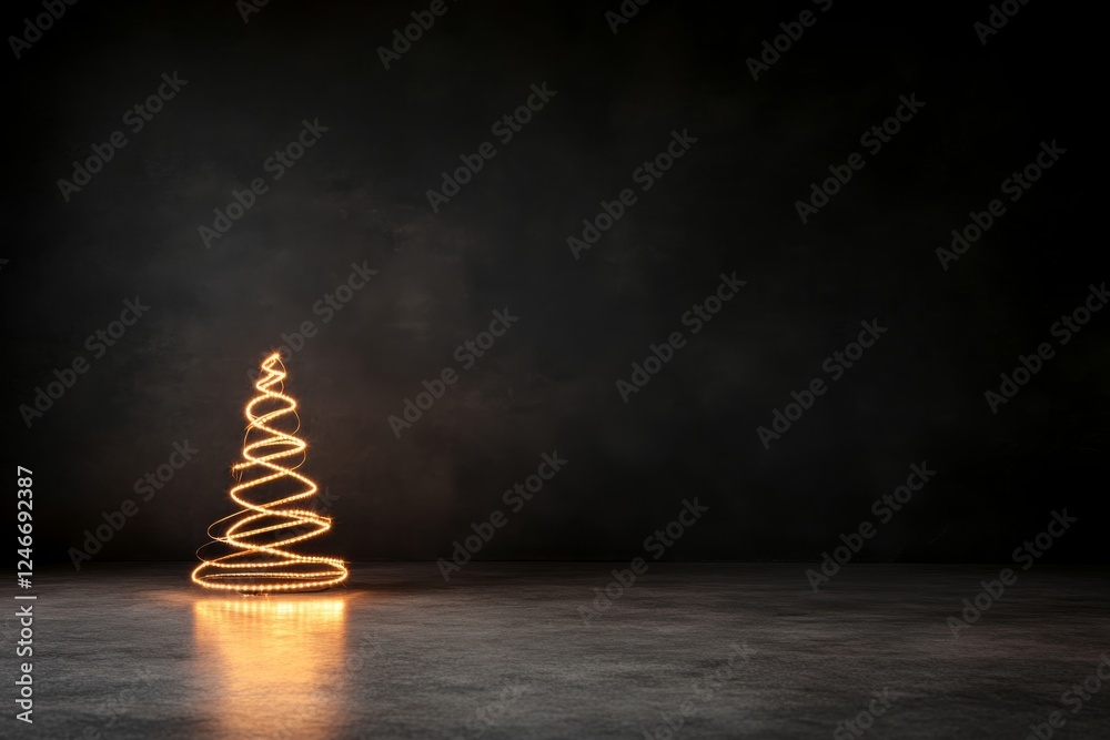 Aufkleber a sleek, minimalist christmas tree crafted from thin gold lines stands illuminated against a deep bl