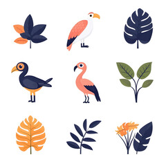 Obraz premium Colorful Tropical Birds and Plants in a Stylish Arrangement