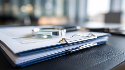 Close-up of a neatly organized stack of insurance documents with a magnifying glass on top, showcasing professionalism and attention to detail in a modern office setting.