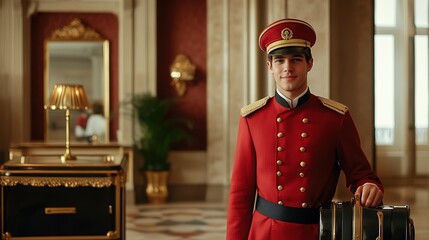 Ai generated hotel bellhop carrying luggage in luxurious lobby
