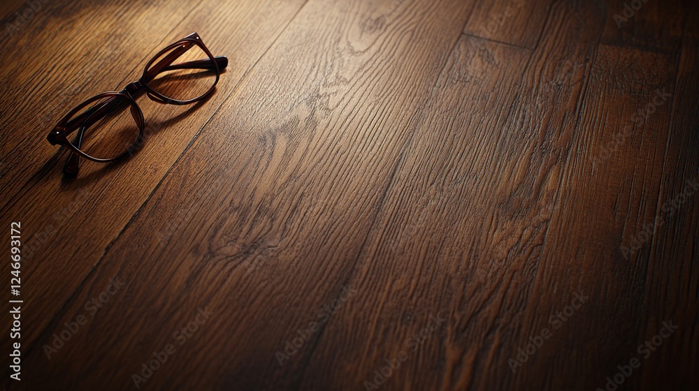 Poster a single pair of modern eyeglasses lies on a smooth wooden surface, illuminated by gentle natural li
