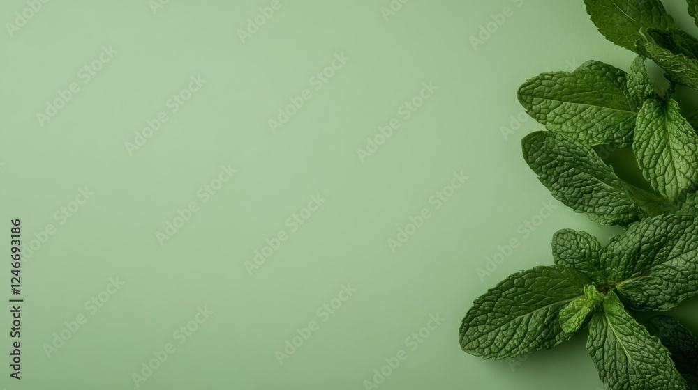 Poster bright and textured mint leaves are displayed against a smooth pastel green background, creating a f