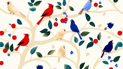 Fototapeta premium Colorful Birds in a Vibrant Tree Decorated with Leaves and Berries