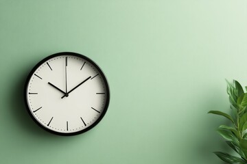 A classic round clock with elegant black hands is centered against a soft pastel green background, creating a serene minimalist aesthetic perfect for any space