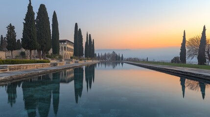 Fototapeta premium Serene Sunrise Reflections Italian Villa with Cypress Trees and Long Water Basin at Dawn