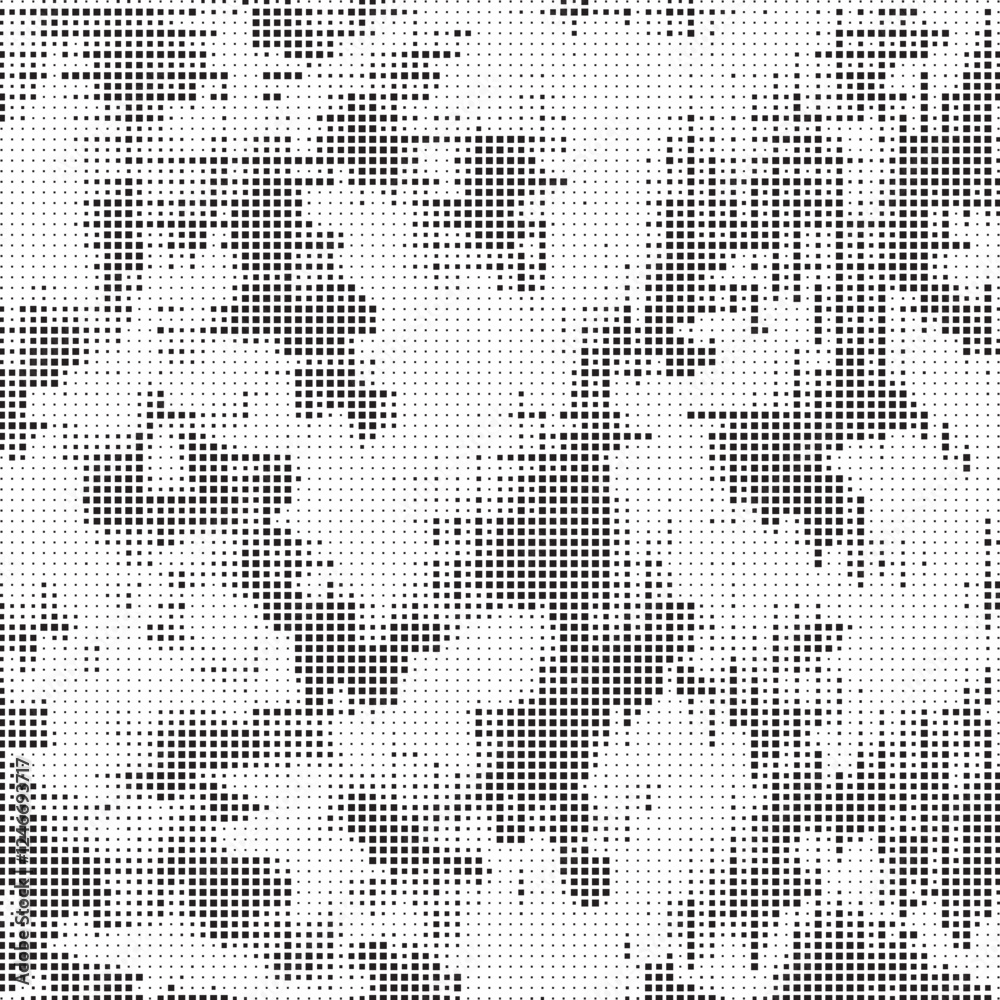 Poster Grunge halftone background with square dots. Black and white dots grunge effect background. Vector abstract overlay. Grunge halftone black dots texture background.