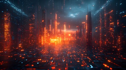 Modern abstract business concept, futuristic city skyline blended with financial graphs, high-tech digital elements