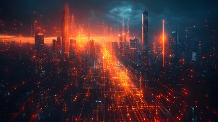 Obraz premium Modern abstract business concept, futuristic city skyline blended with financial graphs, high-tech digital elements
