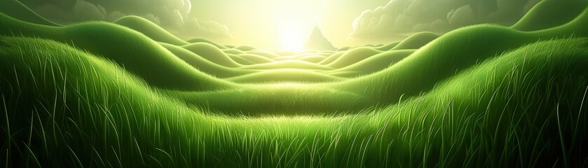 Obraz premium A serene landscape of rolling green hills bathed in soft sunlight, evoking a sense of tranquility and natural beauty.