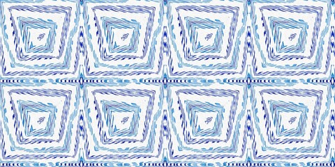 Geometric indigo shape seamless border. Irregular hand drawn batik texture for banner. Imperfect blue acid bleed swatch. 