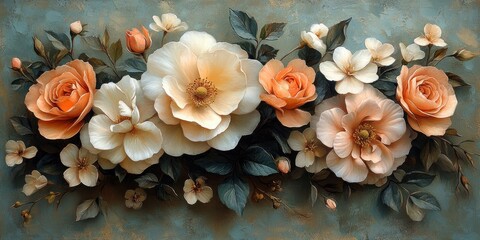 Vintage Watercolour Floral Arrangement with Pink Blue Flowers and Green Leaves for Weddings and Decor