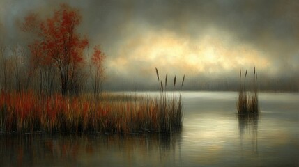 Serene Autumn Sunset Over Calm Waters and Tranquil Wetlands