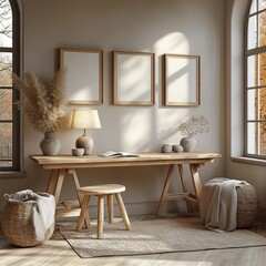 Scandinavian style living room with wooden desk and stylish lamp, modern interior decor and empty picture frames