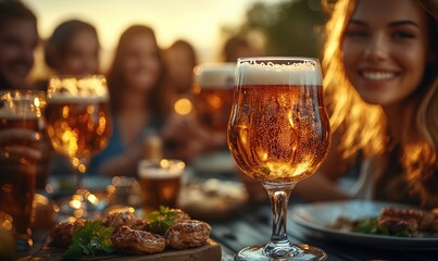 Friends toasting beer at lively brewery bar gathering with joy and laughter