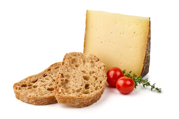 Rustic cheese wedge, isolated on white background.