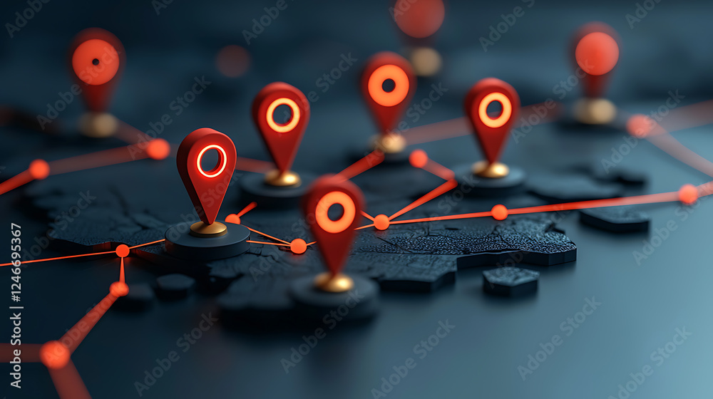 Poster mapping locations with geolocation pins digital interface interactive map technology environment clo