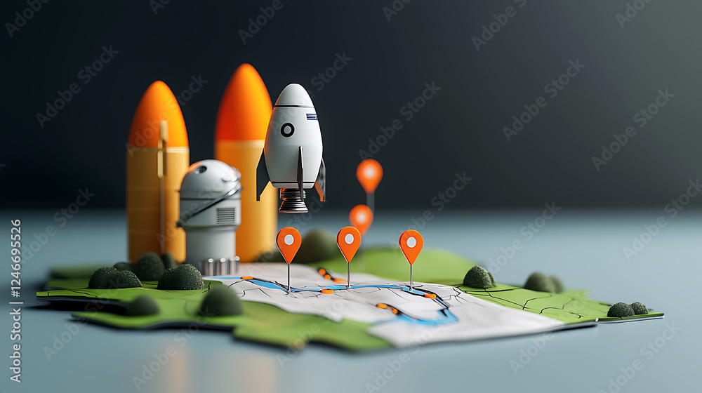 Poster rocket launching from map with navigation points creative studio setting 3d model display innovative