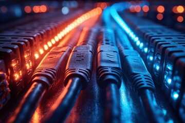 professional data center network infrastructure closeup with organized bundle of ethernet cables in modern server room with led status indicators