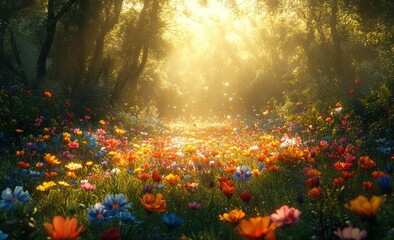Fototapeta premium Serene Meadow with Vibrant Wildflowers Bright Sunlight Filtering Through Trees