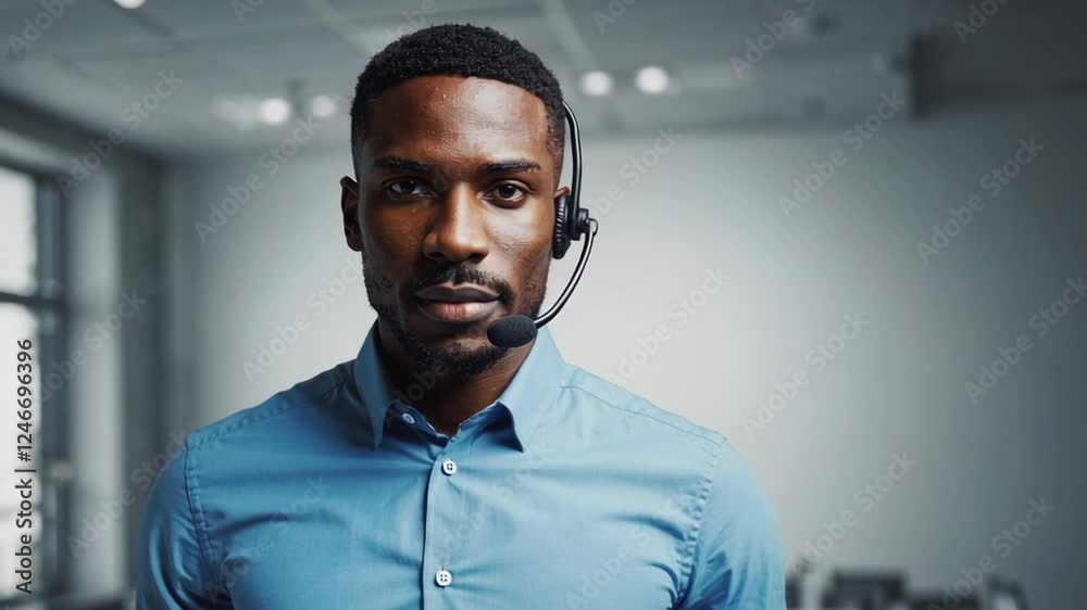 Poster professional call center operator wearing a blue shirt looking directly at camera with serious, focu