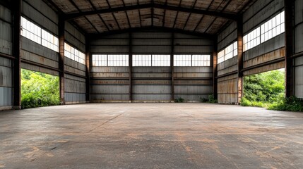 Empty industrial warehouse, overgrown exterior, daytime
