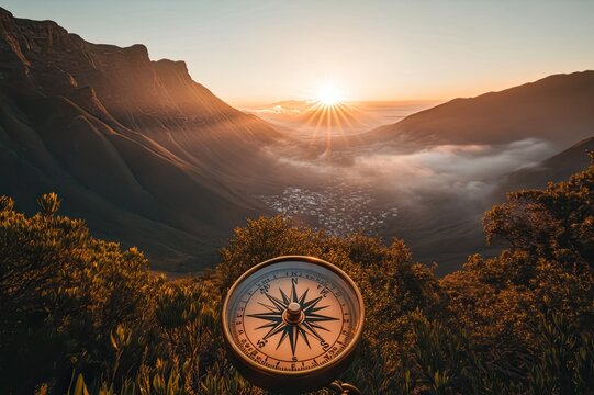 A compass pointing towards the rising sun.