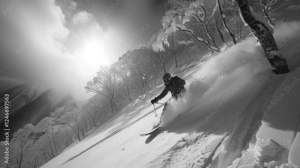 Poster a skier glides through fresh snow on a mountain slope, surrounded by bare trees. the sun shines brig