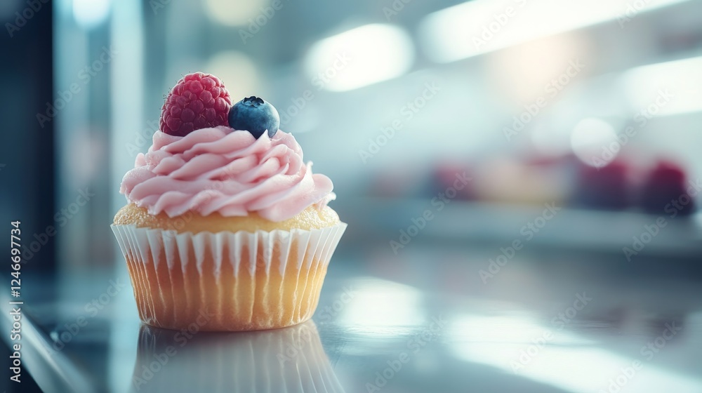 Poster close-up of a single fruit cupcake featuring swirls of pale pink frosting and fresh berries, elegant