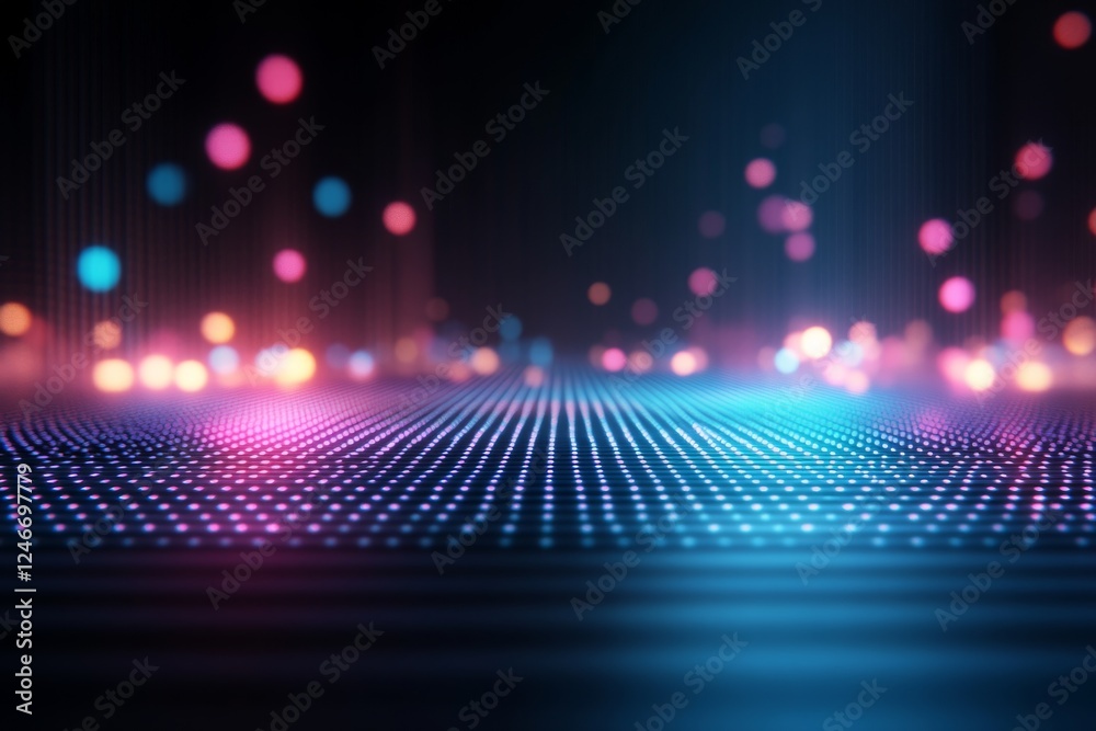 Leinwandbilder A dynamic composition showcases pulsating dots and flowing waves in bright neon colors, illustrating the energy of cyber technology with a clear copy space on the right