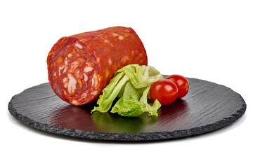 Spanish pork chorizo sausage, close-up, isolated on white background