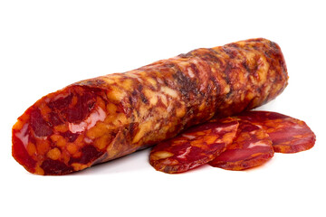 Spanish pork chorizo sausage, close-up, isolated on white background