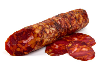 Spanish pork chorizo sausage, close-up, isolated on white background