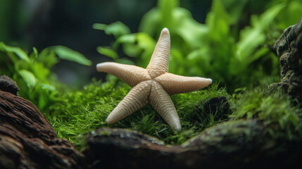Starfish rests on vibrant algae-covered rocks in clear underwater environment