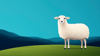 Fototapeta premium Cartoon Sheep Standing on Green Grass with Blue Sky and Mountain Background