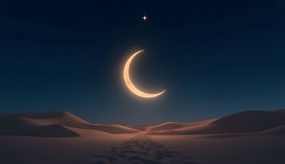 A crescent moon and star shining over a peaceful desert scene, symbolizing the start of Ramadan under a clear night sky
