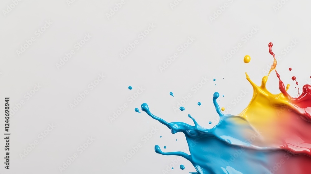 Poster vivid paint splashes in blue, red, and yellow blend dynamically as two chemicals react, leaving a dr