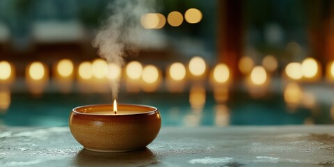 spa ambiance, a serene setting with a ceramic essential oil diffuser releasing a gentle mist, surrounded by spa-like candles
