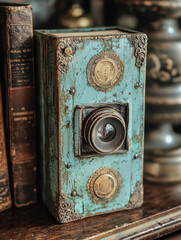 A weathered, blue antique camera with ornate metal accents rests beside aged books.