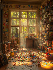 Fototapeta premium Sunlit playroom chaos: a vast collection of colorful bricks scattered across a wooden floor near overflowing bookshelves.