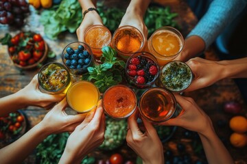 Friends gathering toasting cups at cafe rooftop multicultural group enjoying brunch with food and drinks © Mariya