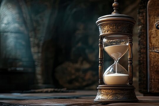 A vintage hourglass with sand still falling.