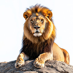 Obraz premium Majestic male lion with a full golden mane rests regally on a rocky outcrop, gazing directly forward.