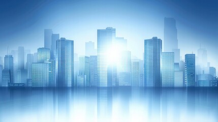 A serene urban skyline depicted in blue tones, showcasing modern architecture against a soft, glowing background.