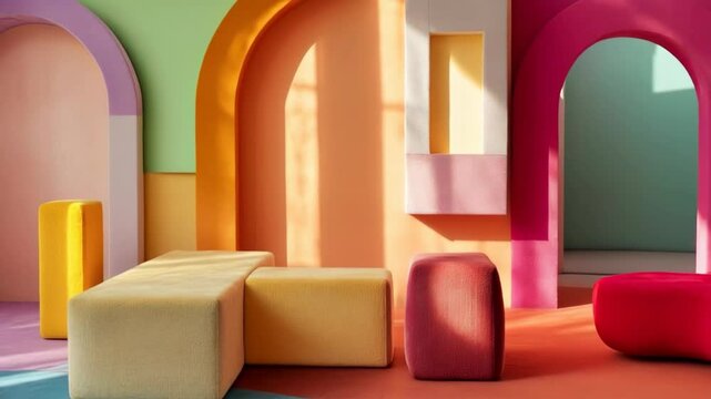 Colorful room with a pink archway and a yellow archway. The room is decorated with colorful furniture and has a playful and fun atmosphere