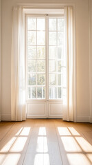 Fototapeta premium Sunlit interior space with elegant french doors and flowing curtains for home design inspiration