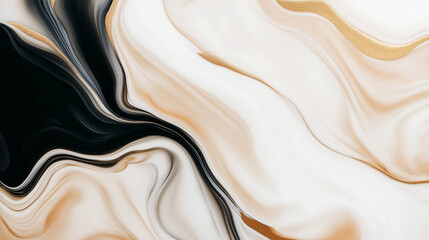 Obraz premium Trendy abstract background showcasing fluid shapes in elegant black, white, and gold tones for modern design projects