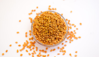 Fenugreek Seeds (MethiDana) in glass bowl on white background, top view. Shambhala or helba seeds is traditional Indian seasoning and ingredient Ayurvedic food.