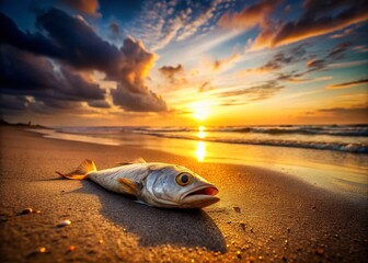 Obraz premium Dead Fish on Sandy Beach, Environmental Disaster, Coastal Pollution, Ocean Wildlife, Marine Life Tragedy