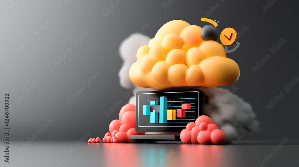 Poster Dynamic cloud computing visualization with data analytics on laptop in creative studio environment concept of modern technology and innovation
