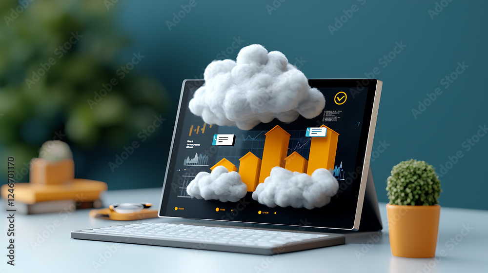 Poster analyzing cloud computing growth trends with visual data representation office workspace infographic